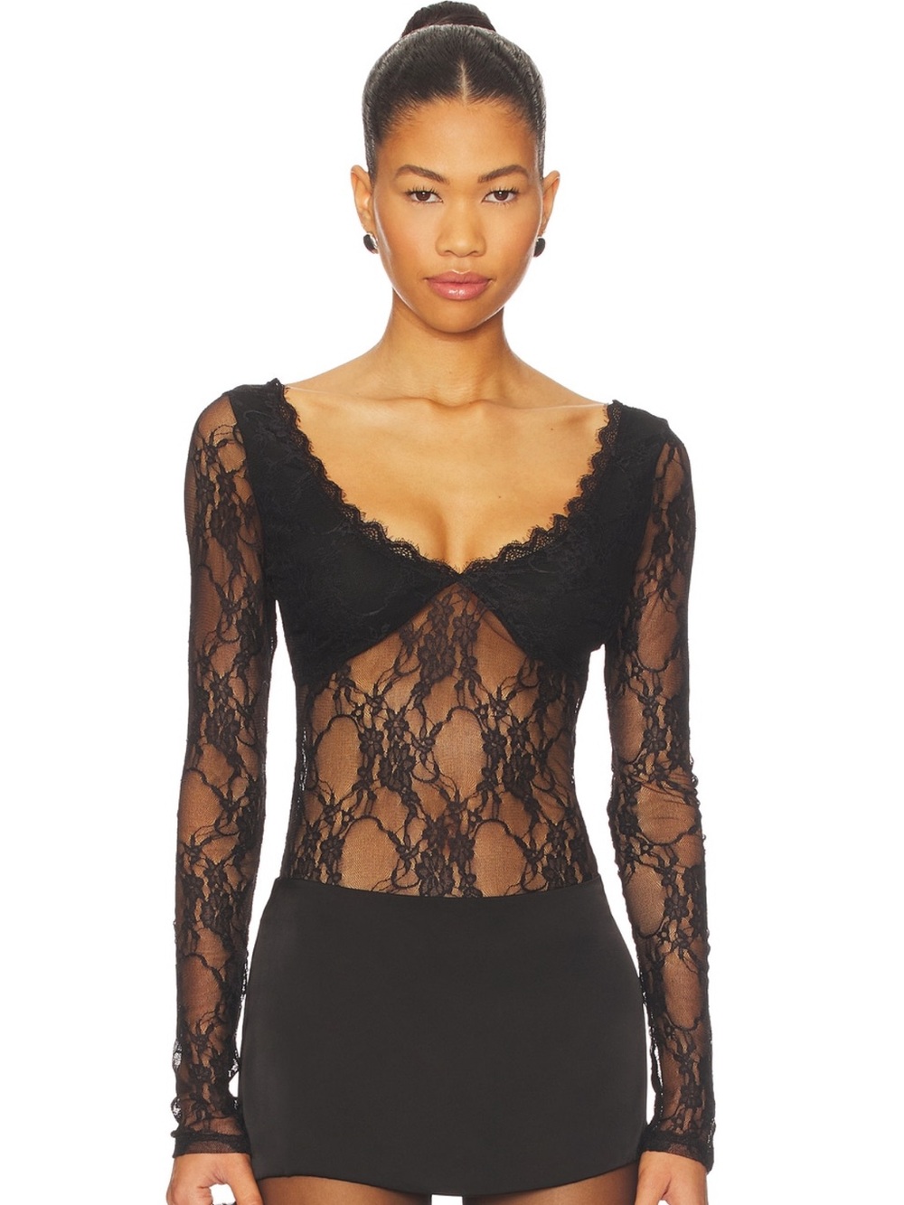 Superdown Sheer Black Lace Long Sleeve Bodysuit